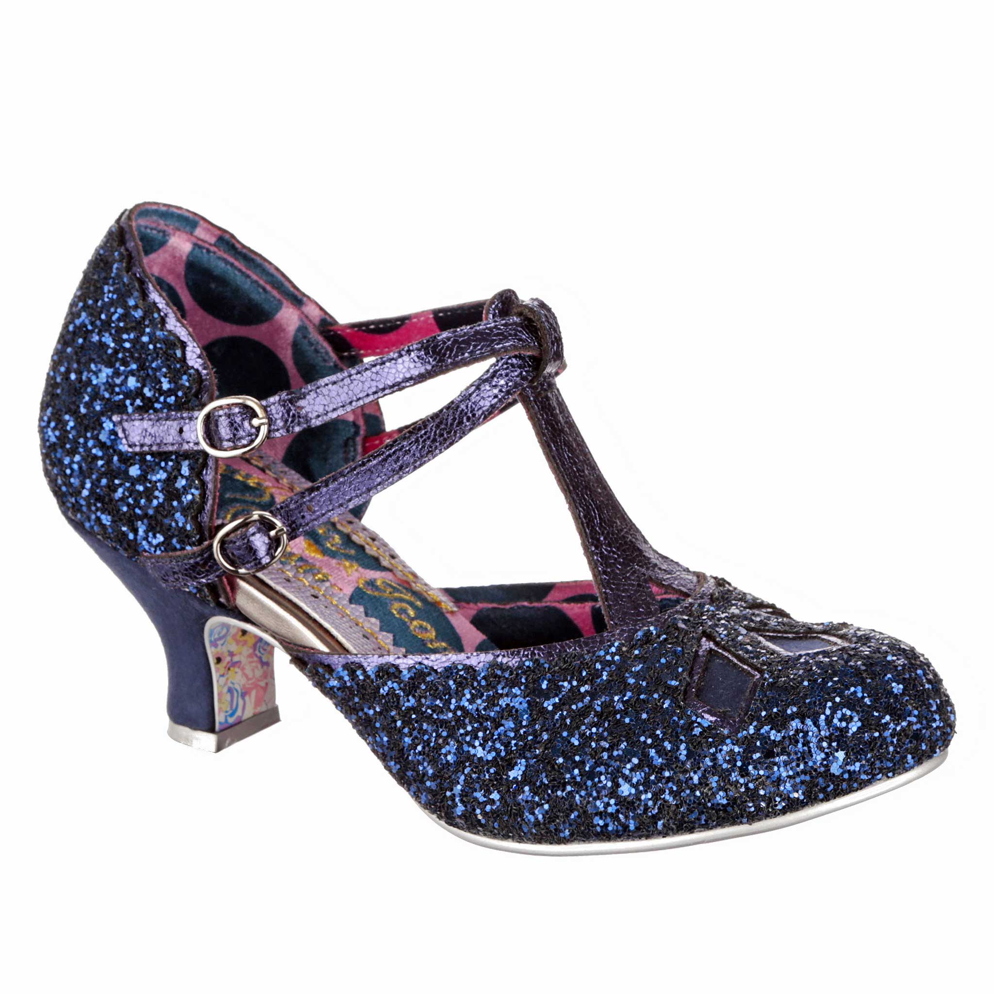 Irregular Choice Navy Blue Glitter Mid Heel Vintage Style Double Strap Buckle Fastening Golden Age