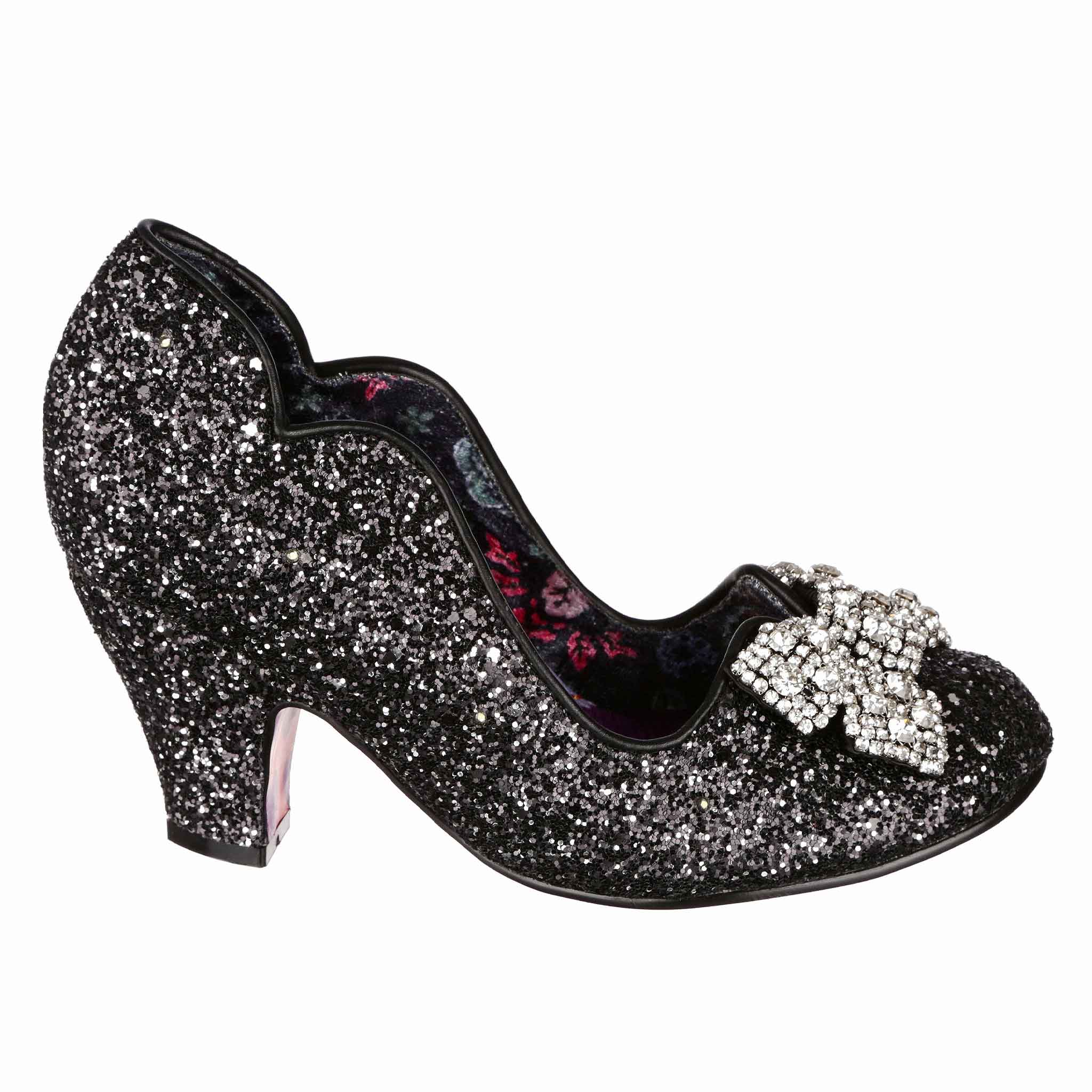 Irregular Choice Black Glitter Covered Light Up Jewel Bow Mid Heel Shoes Deck The Halls