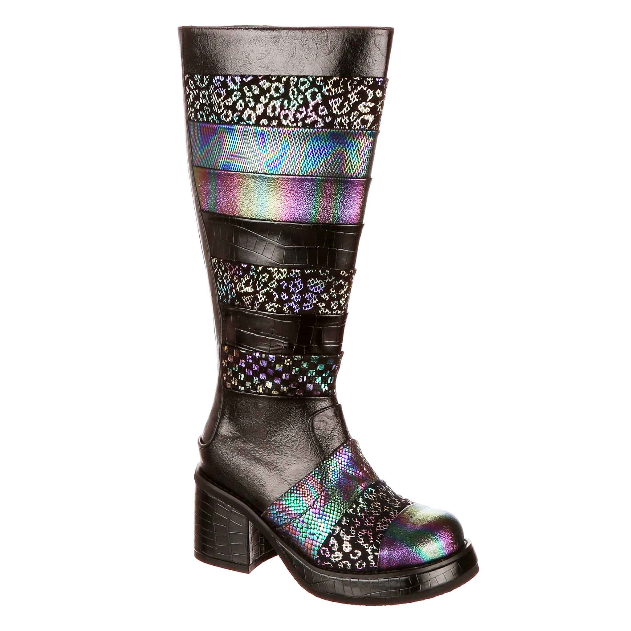 Irregular Choice Black Silver Metallic Leopard Chunky Heel Knee