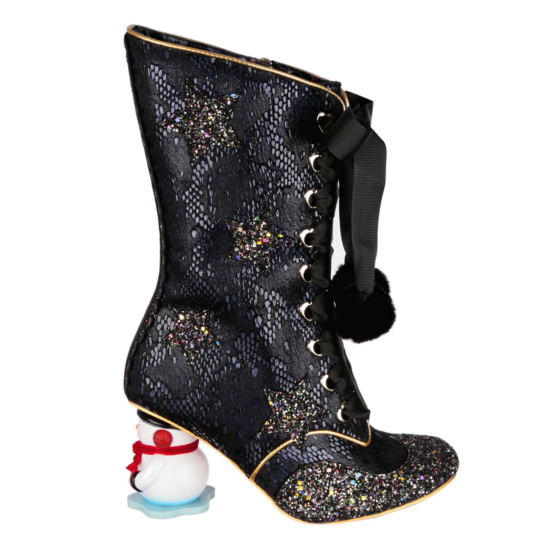 Irregular Choice Black Gold Snowflake Calf High Lace Up Boots with