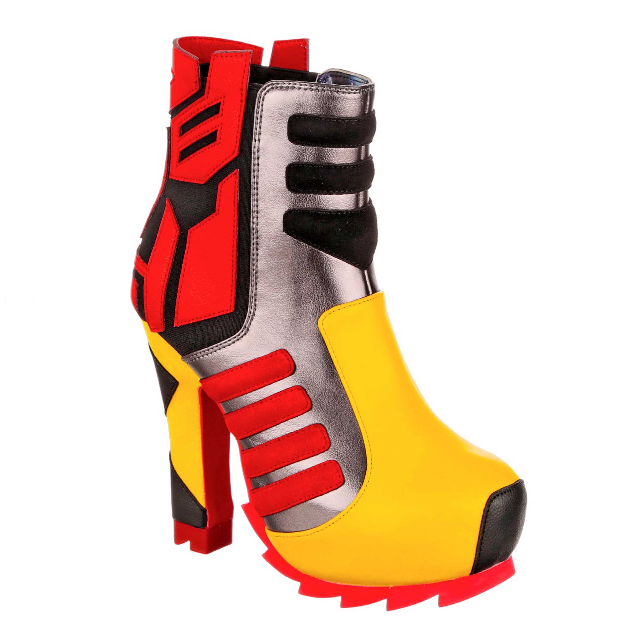 Red and yellow high heel ankle boots with bold geometric patterns and a red chunky platform. Transformers themed motorbike boots with a large red Autobot logo that wraps around the ankle. 