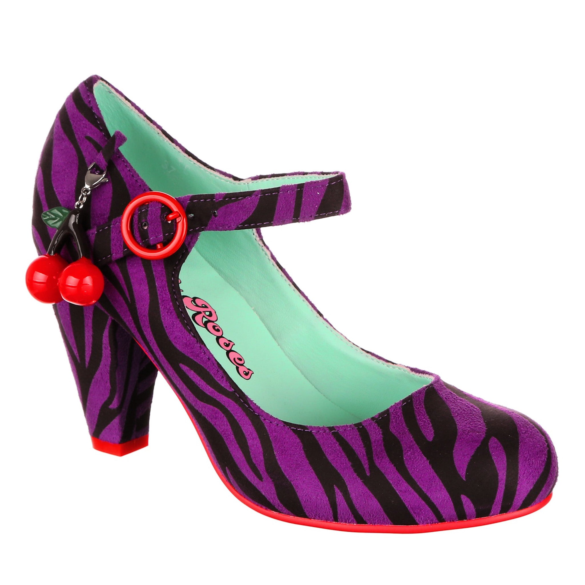 Purple and black zebra print high heeled shoe with a buckle mary jane strap, thick high heel, cherry charm, and turquoise lining, side angled view.