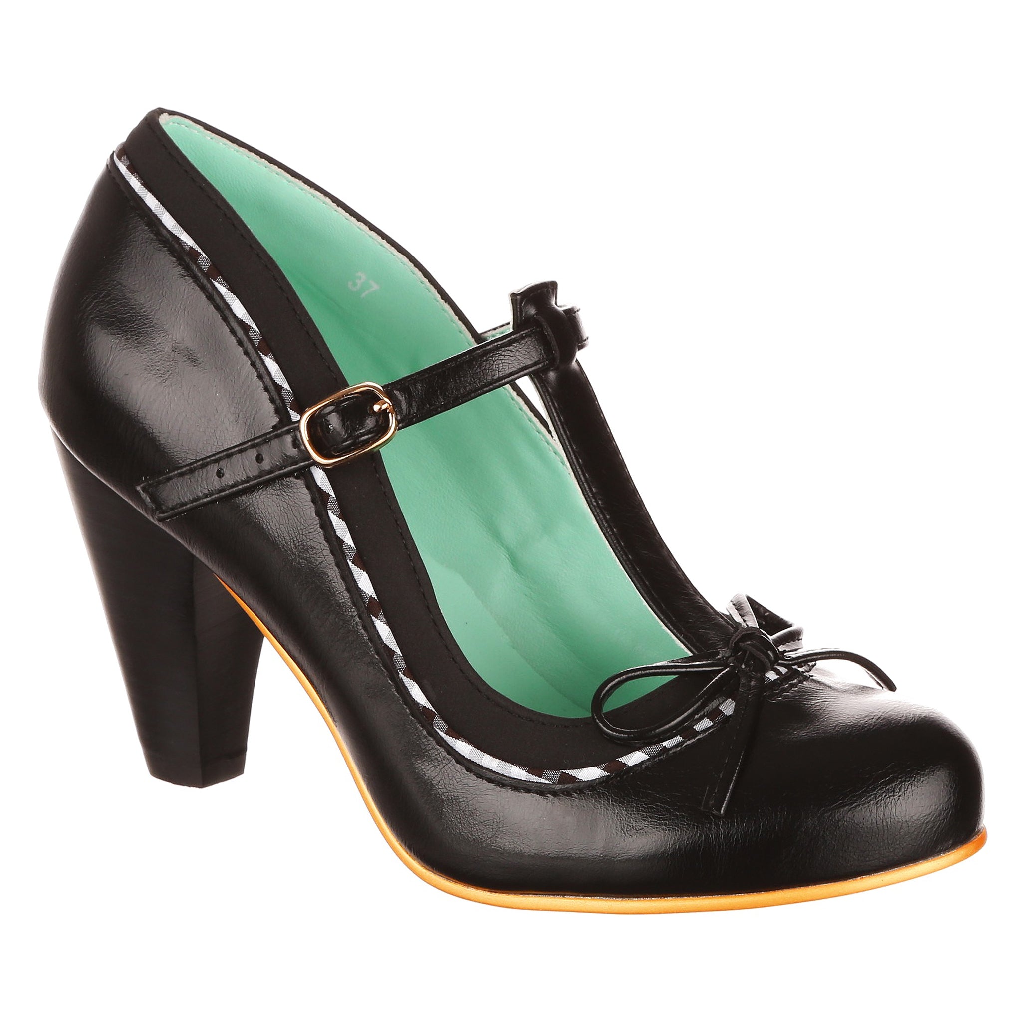 Black high-heeled T-bar shoe with a bow on a white background