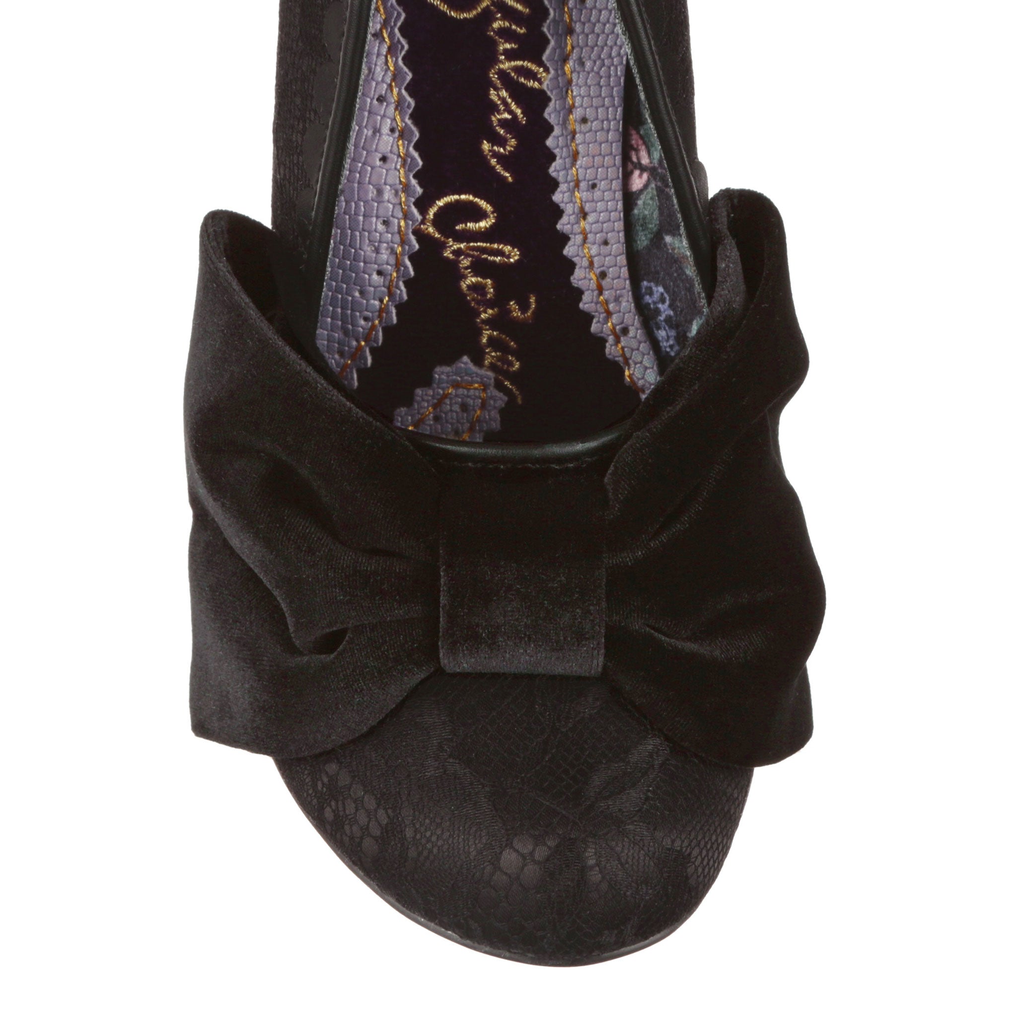 Irregular Choice Oversized Black Velvet Bow Slip On Court Shoes Black Lace High Heel Shoes Bow Em Gee