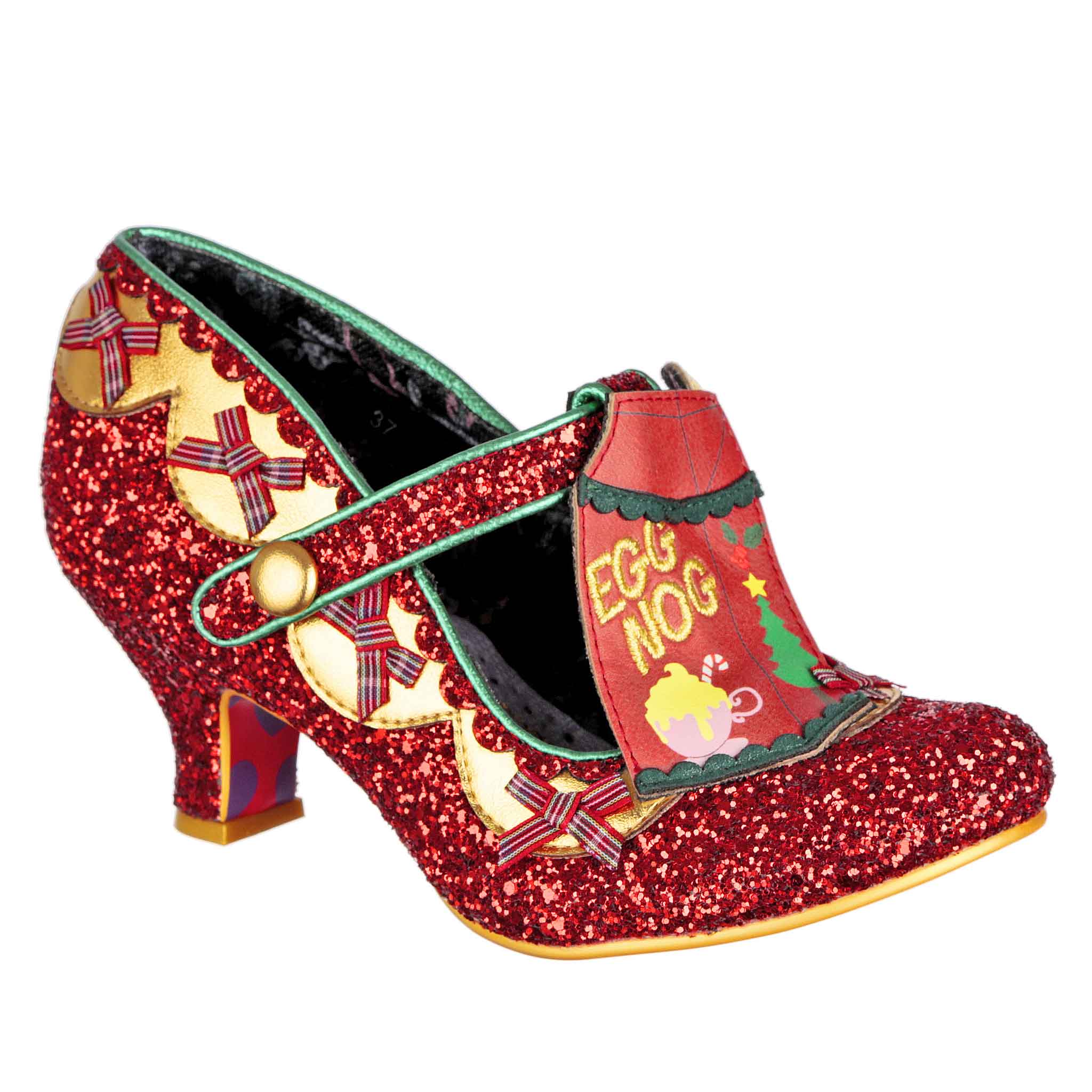 Irregular Choice Egg Nog Red Glitter T-Bar Mid Heels Christmas