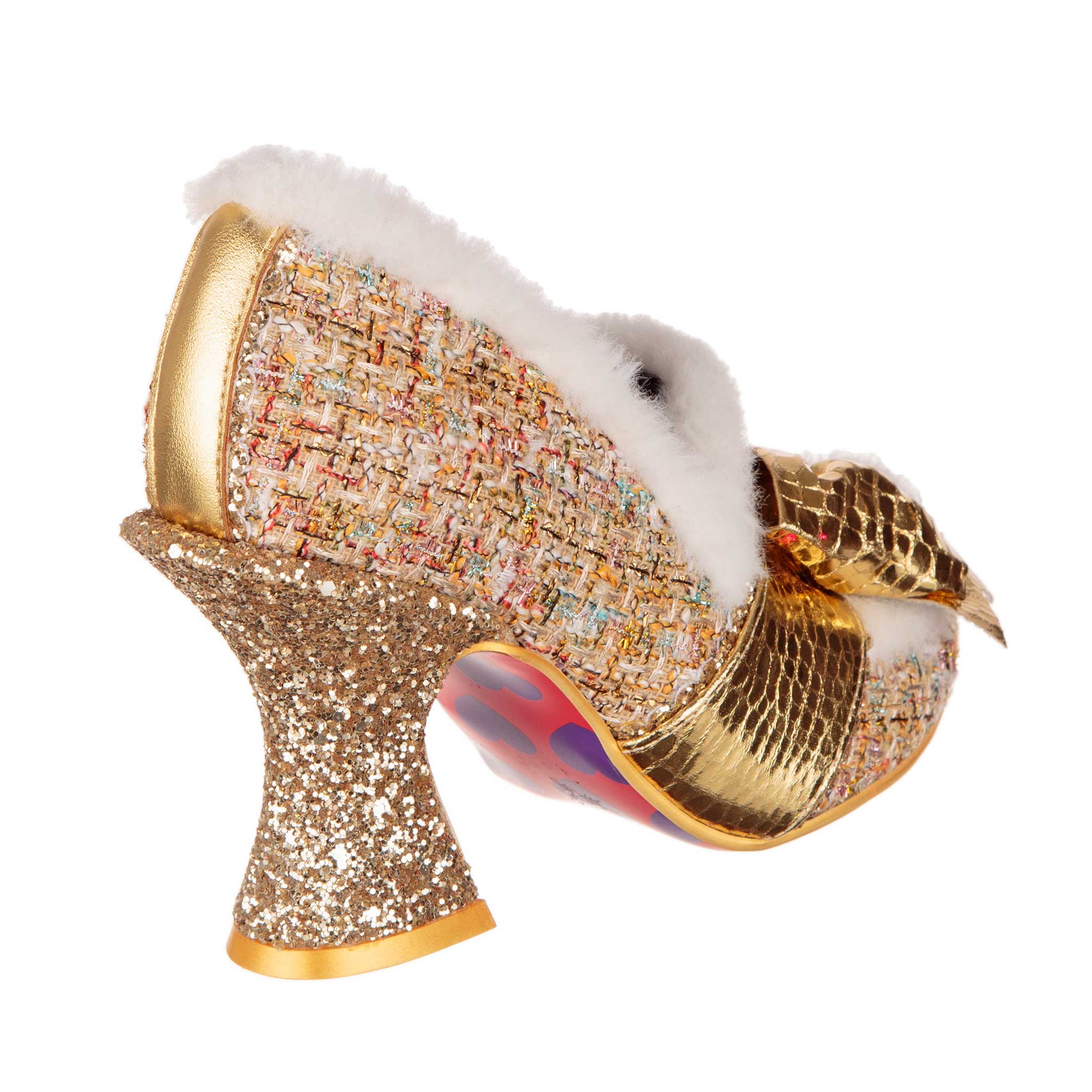 Irregular Choice Gold Tweed Winter 70s Curved High Heel White Faux Fur Trim Present Bow Shoes Grand Gift