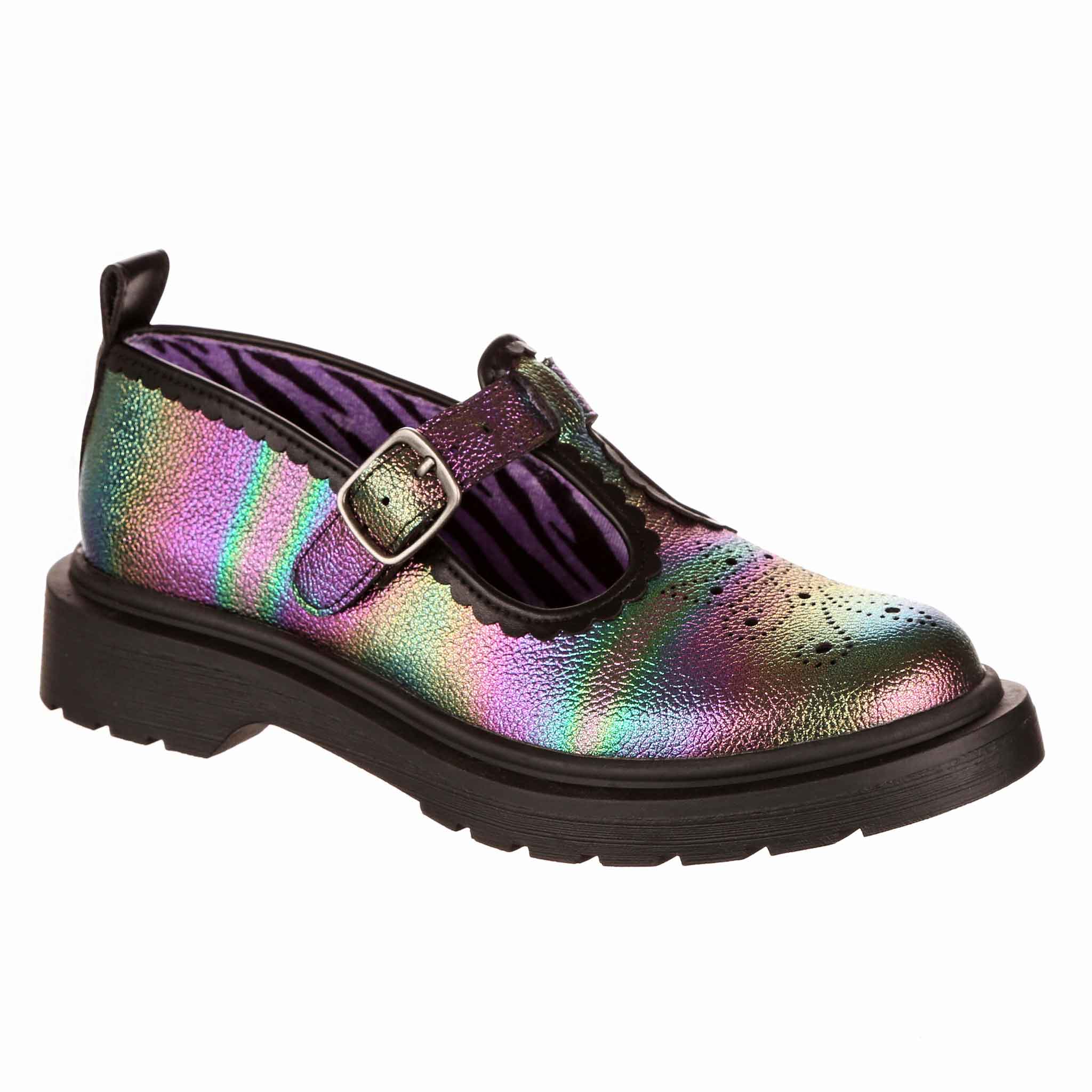 Black and rainbow T-bar flat brogue shoe with a buckle fastening on a white background