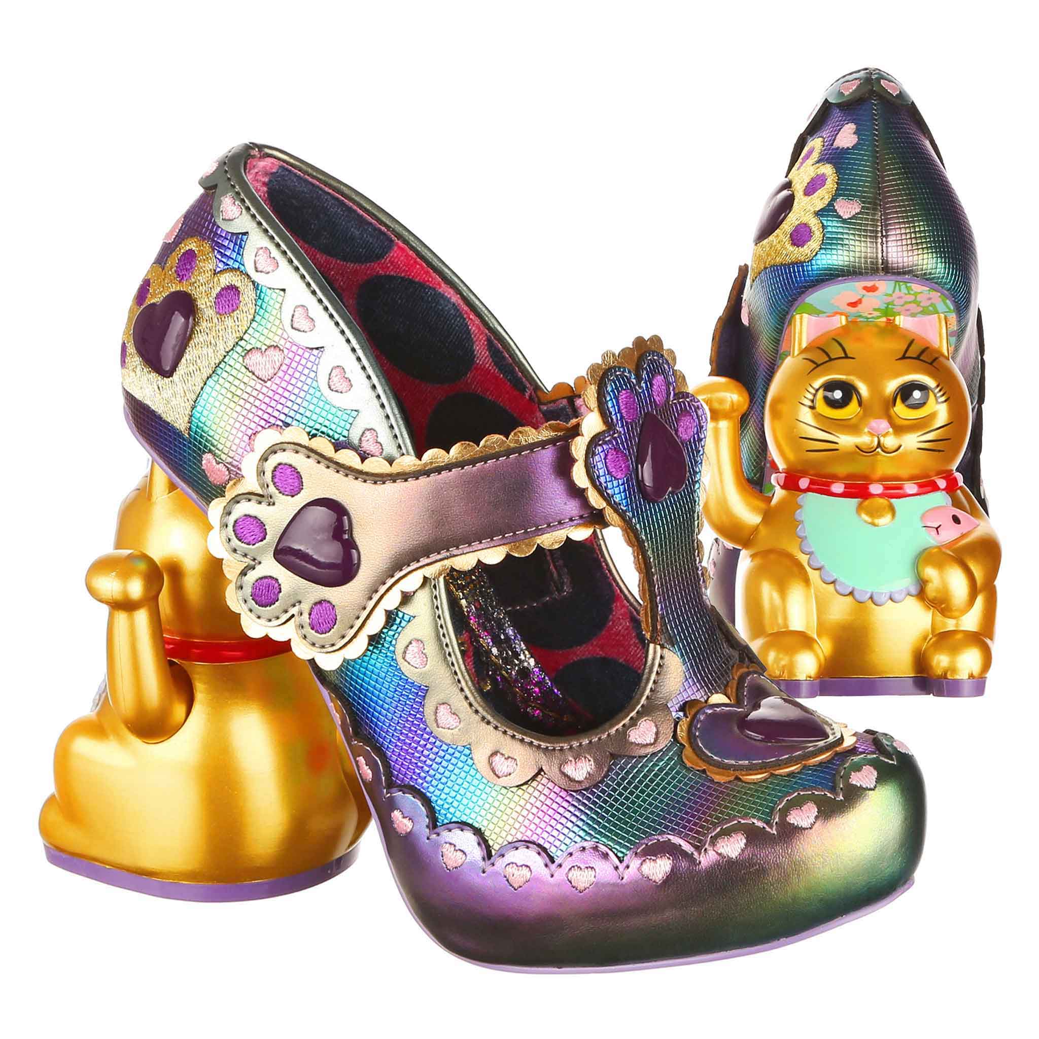 Rainbow T-bar high-heeled shoes with gold waving cat concept heels and heart embroidered details on a white background
