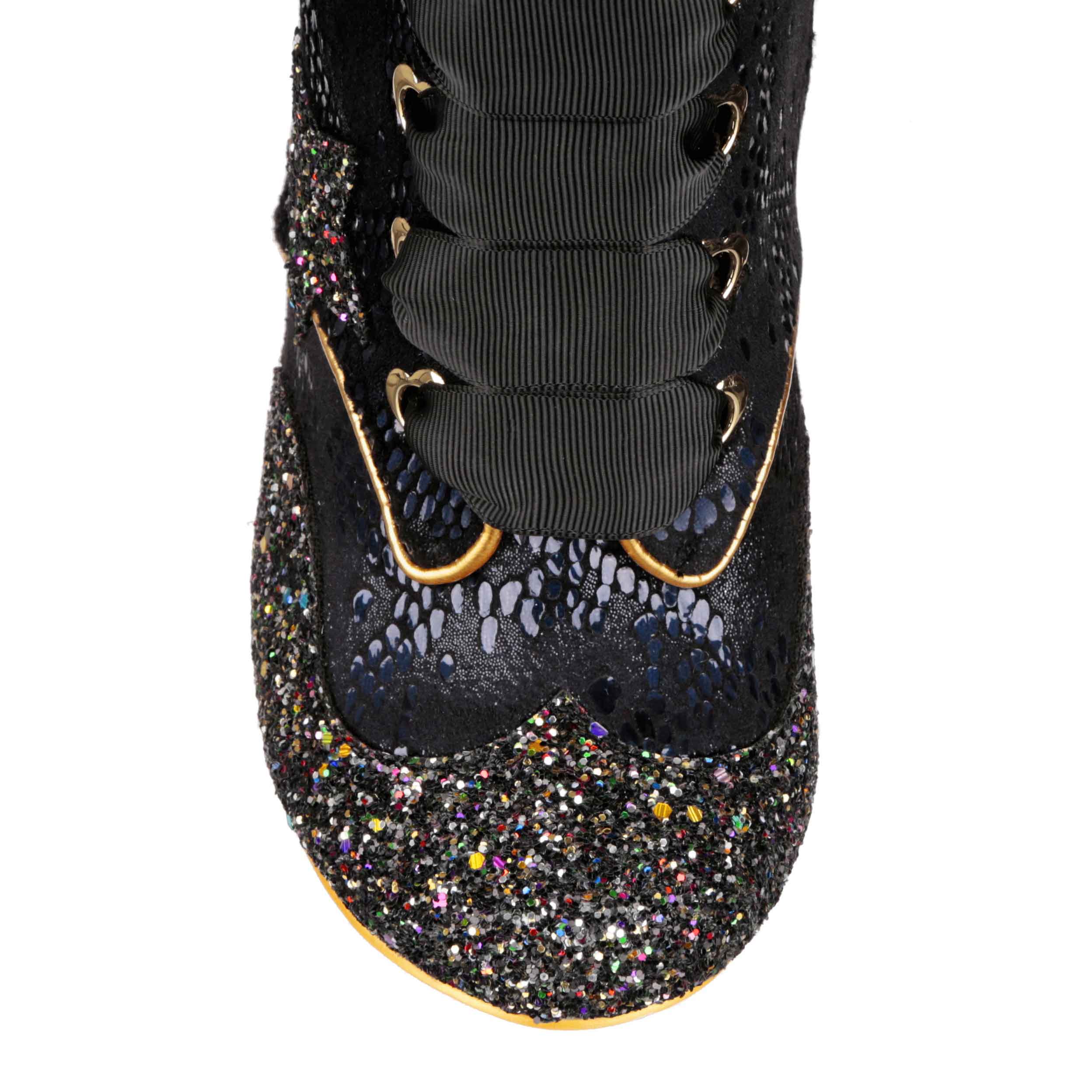 Irregular Choice Black Gold Snowflake Calf High Lace Up Boots with