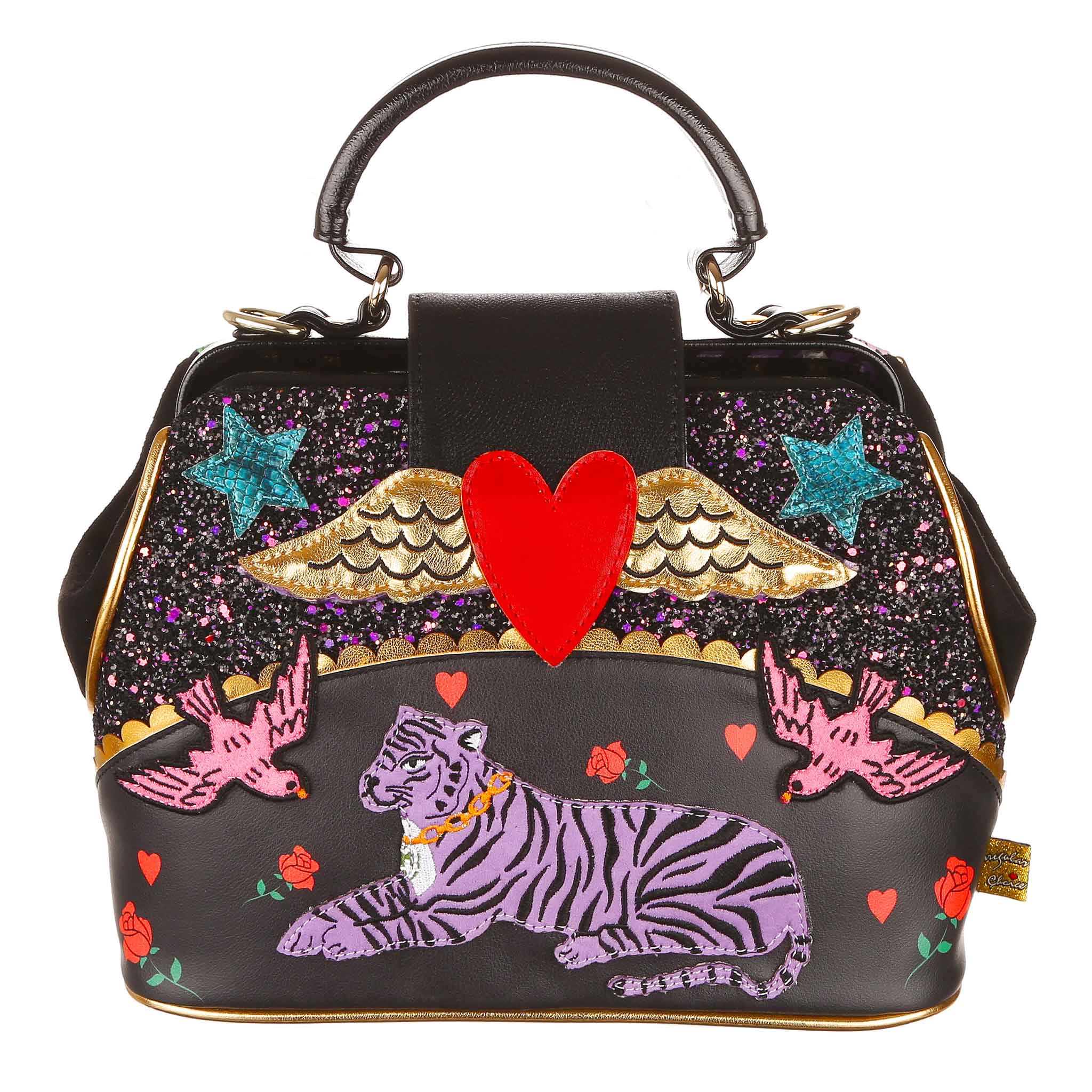 Black Doctor style handbag with top handle and red winged heart on the front, with a purple tiger and two pink love birds stitched on the front. 