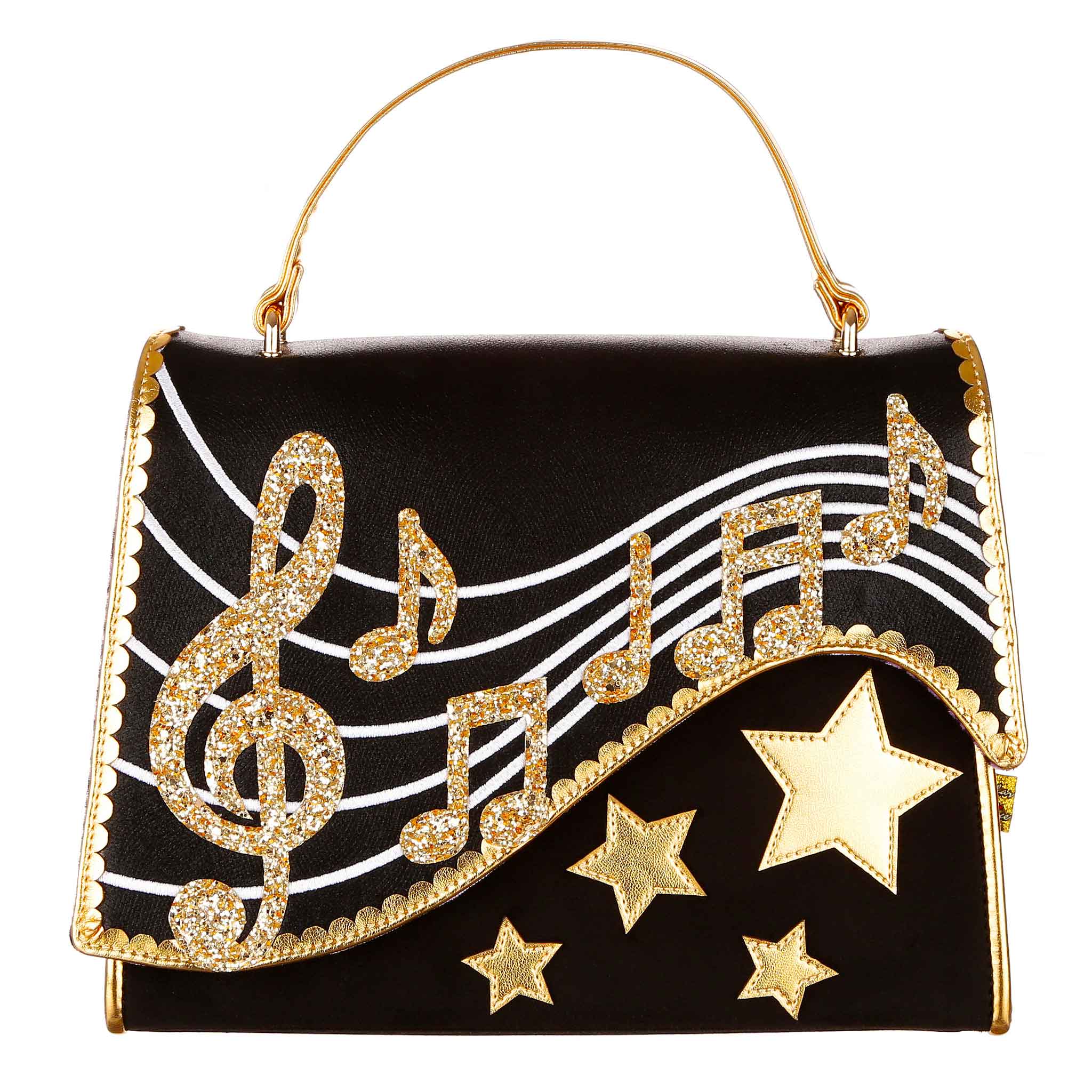 Black handbag with glittering musical notes and top handle – elegant evening bag