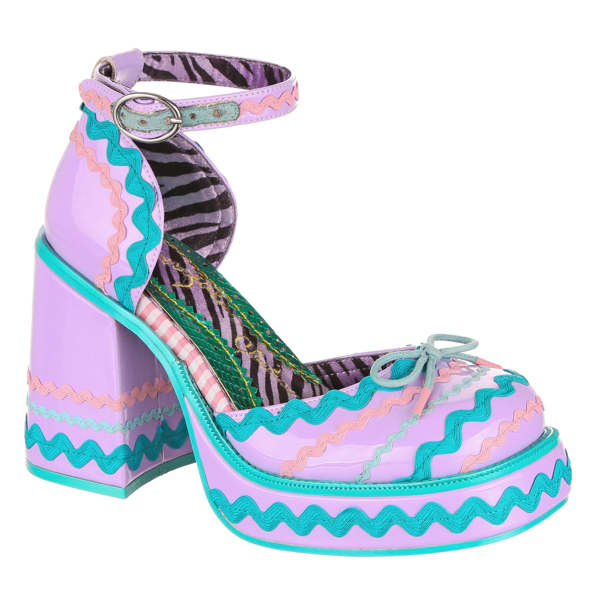 Lilac and teal high heel platform shoes with ankle strap, ric rac design and buckle fastening