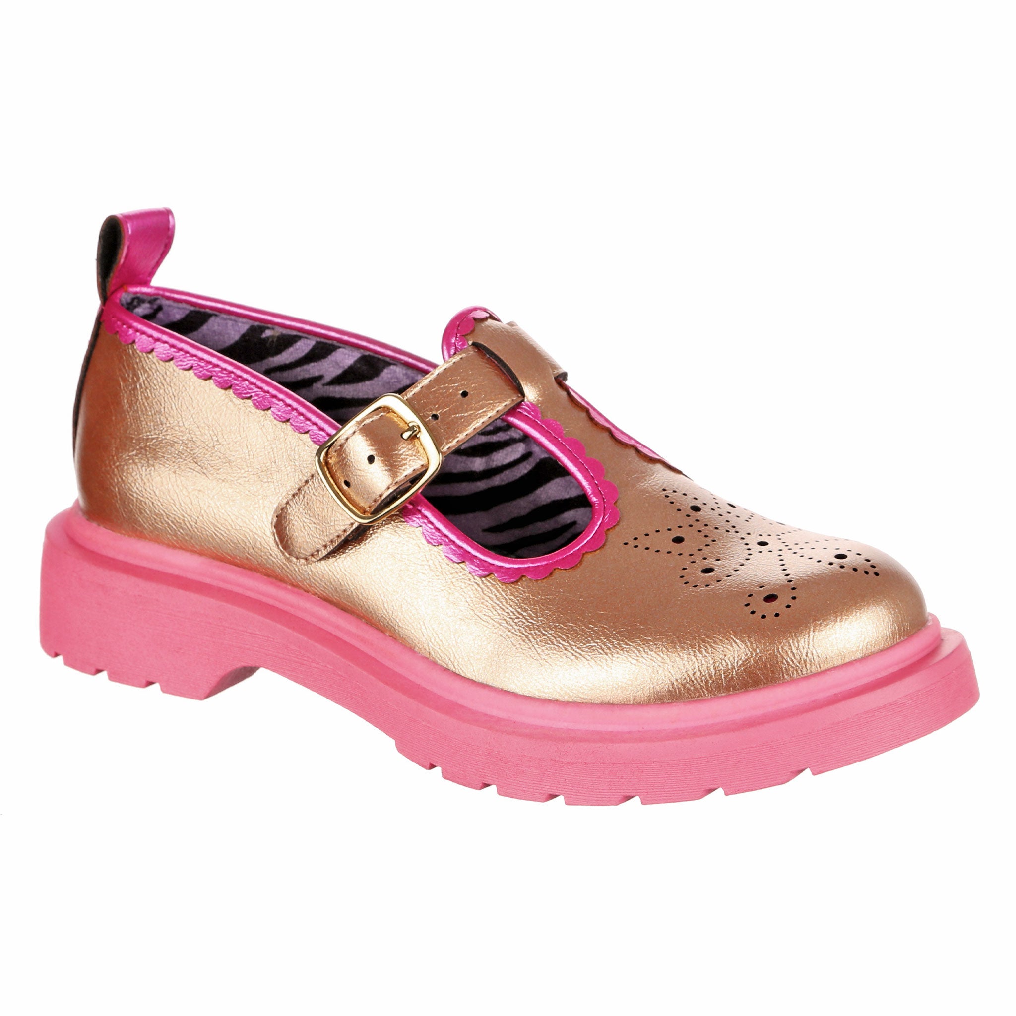 Gold flat chunky tread T-bar shoes with buckle fastening and a pink chunky sole, punch hole design on the toe and scalloped pink piping. 