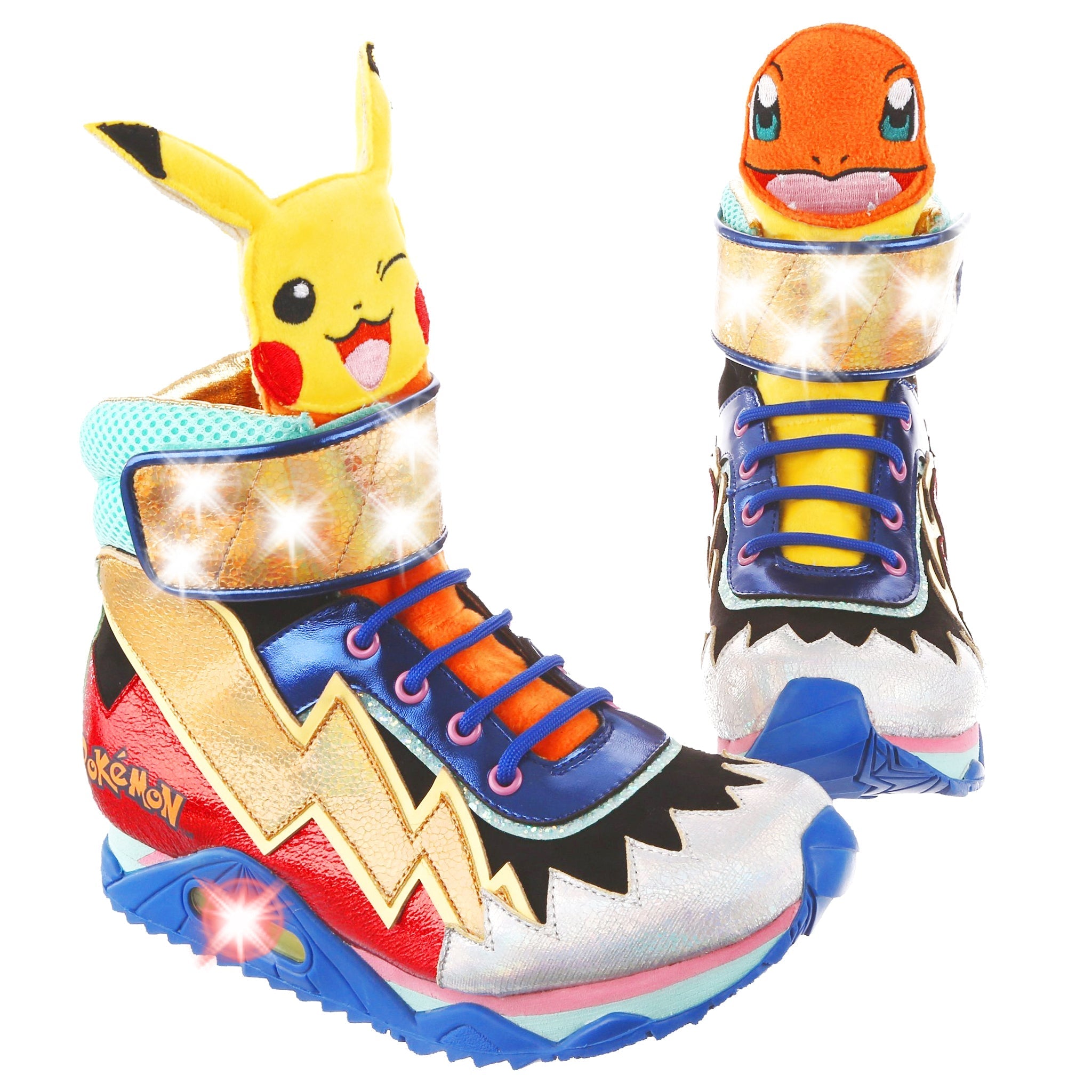 Red, blue, black and silver trainers have a gold lightening strike down the outside and matching gold ankle strap that fastens with velcro, sitting above these is Pikachu's smiling face on the right foot and Charmander looking happy on the left. The ankle strap has white LED lights that flash as you walk, the sole also contains a motion sensored light that flashes red, blue and green.
