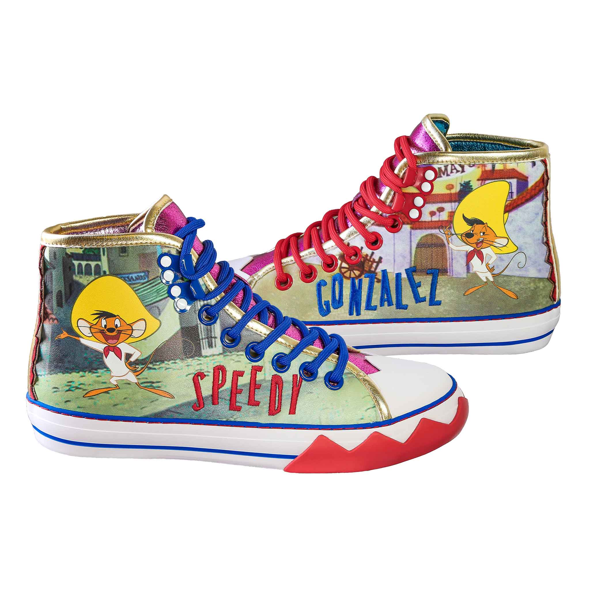 High top lace-up trainers with scenes from Looney Tunes containing Speedy Gonzalez and 'Speedy' embroidered in red on the right foot and 'Gonzalez' in blue on the left foot, the laces colours are the opposite way round.