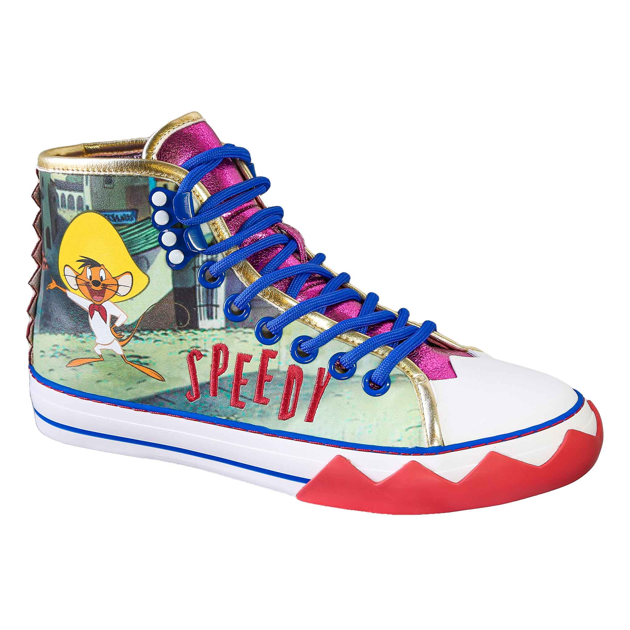 High top lace-up trainers with a scene from Looney Tunes containing Speedy Gonzalez and 'Speedy' embroidered in red  with blue laces and metallic pink tongue.
