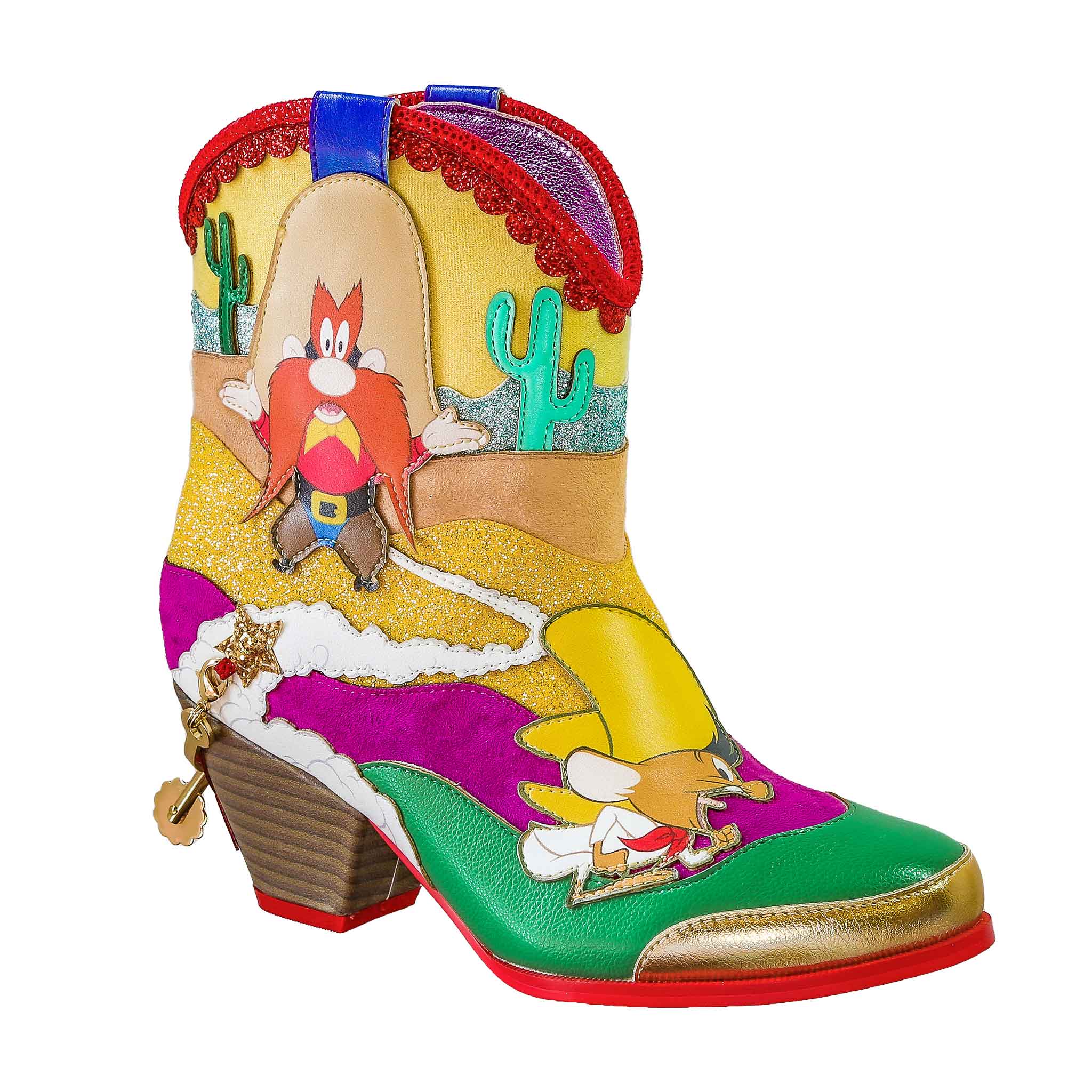 Short western style boots with a Cuban heel and blunt spurs are layered with applique colours and textures creating a desertscape scene complete with cacti. Looney Tunes characters Yosemite Sam and Speedy Gonzalez are shown on outside and toe of the shoe.