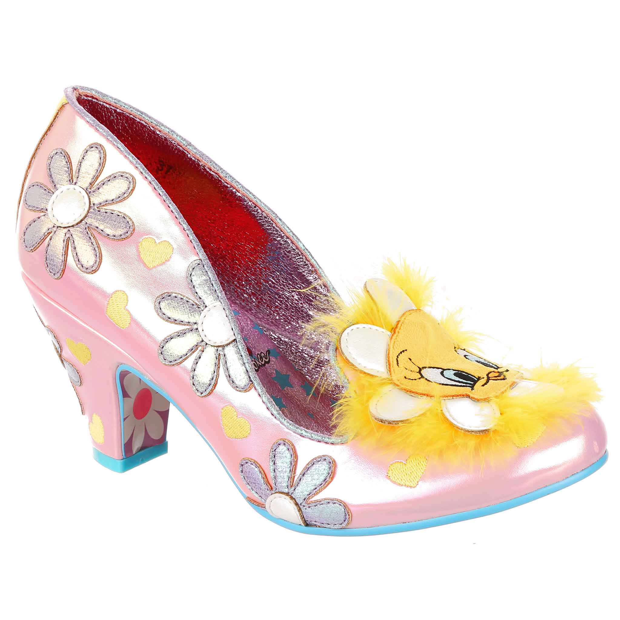 Pink iridescent mid heel shoes with purple shiny flowers and yellow embroidered hearts make a statement with a large flower with Tweety Bird's face in the centre and yellow feathers behind.