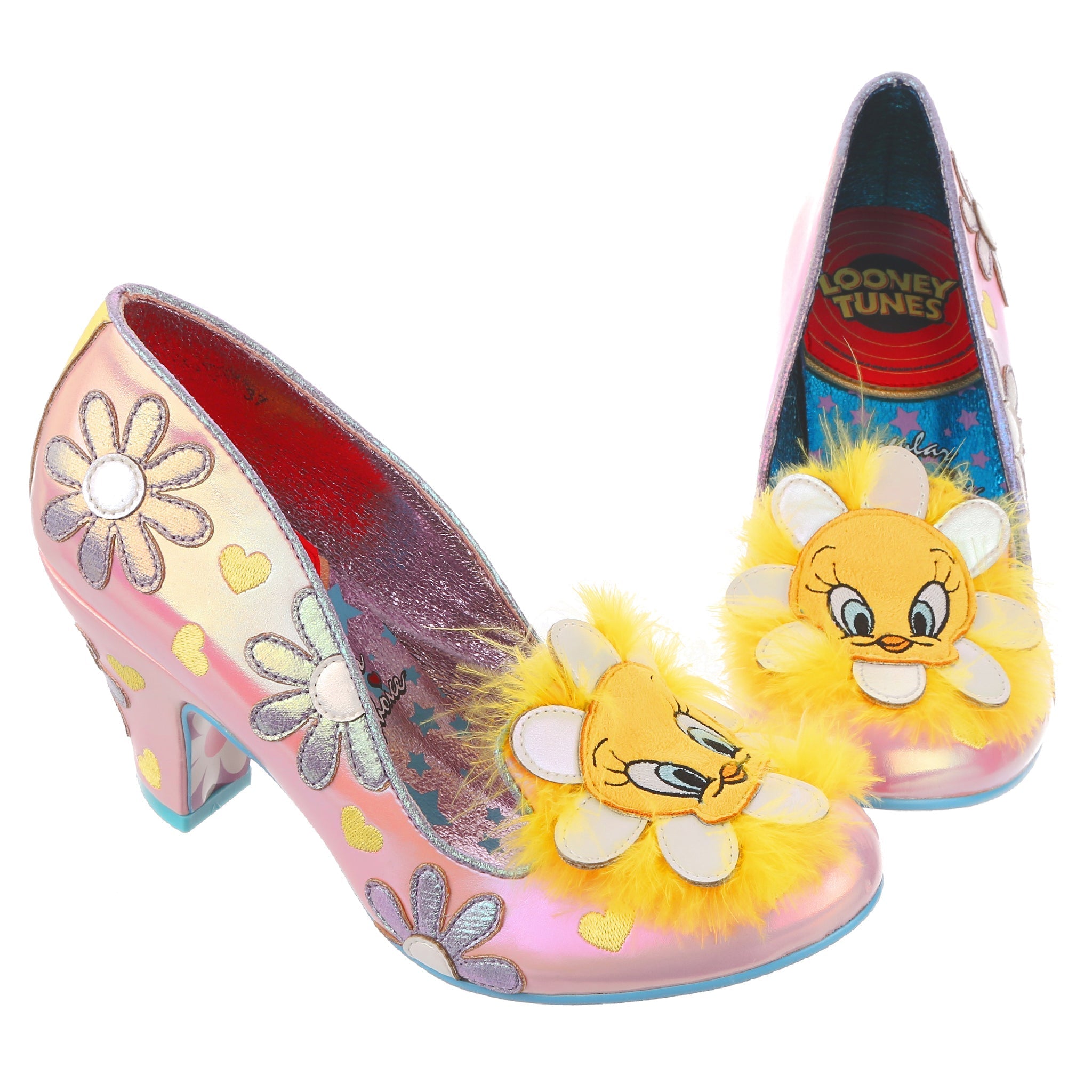 Pink iridescent mid heel shoes with purple shiny flowers and yellow embroidered hearts make a statement with a large flower with Tweety Bird's face in the centre and yellow feathers behind.