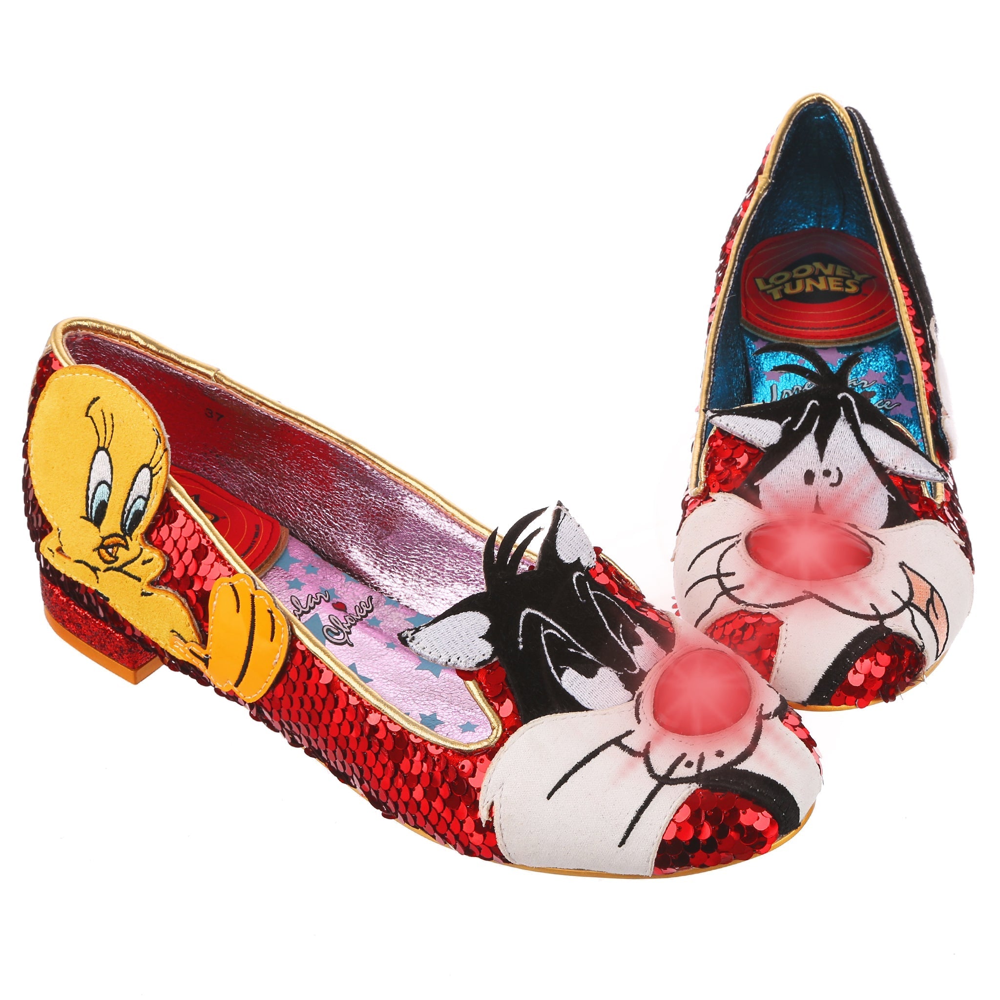 Red sequin flat shoes with favourite Looney Tunes characters Tweety bird at the outside back of the shoe and Sylvester the Cat on the toe, whose nose flashes as you walk!