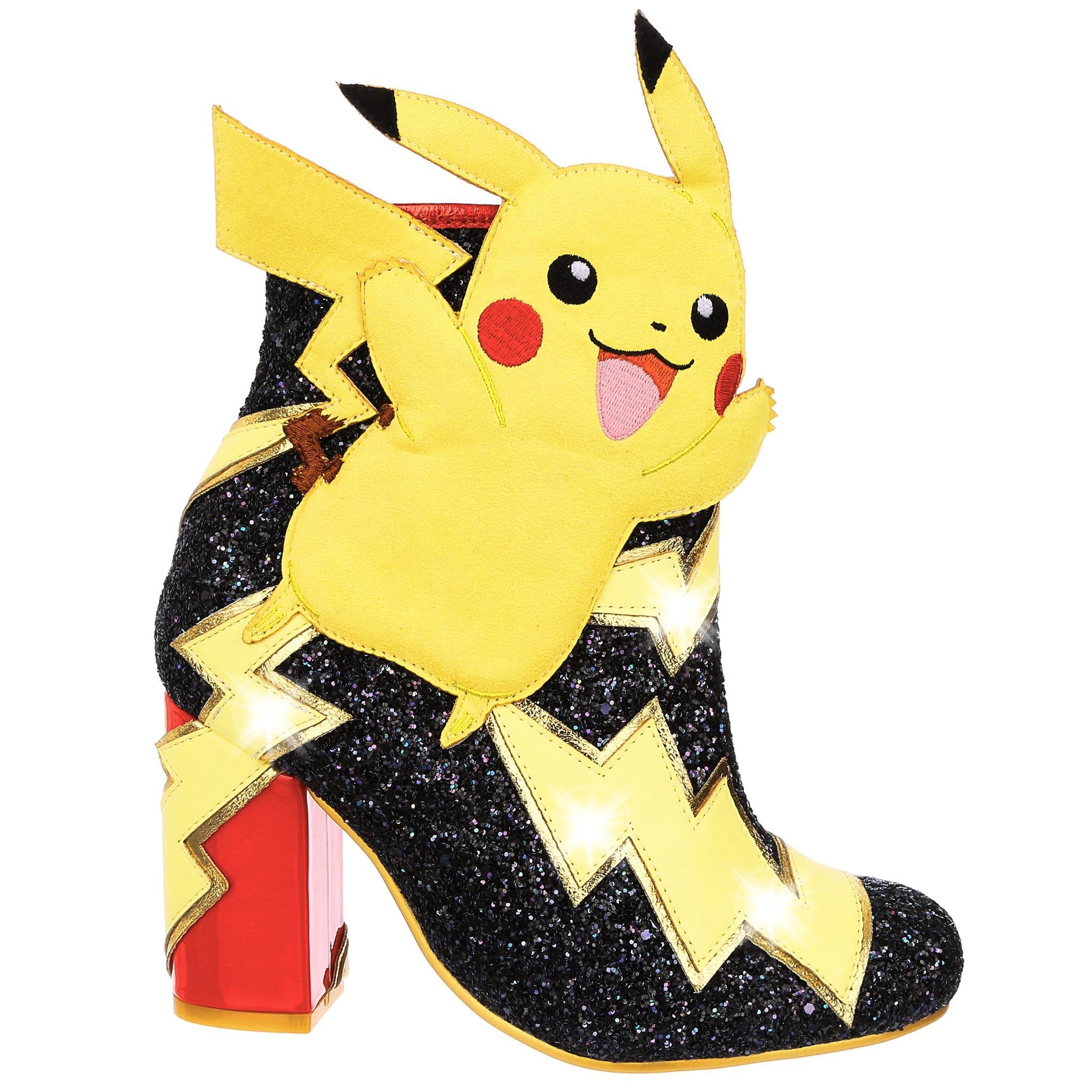 Black glitter high heel boot with applique of Pokemon character Pikachu leaping off the boot infront of gold and yellow lightening bolts with white LED lights, finished with a red heel and zip on the inside of the boot.