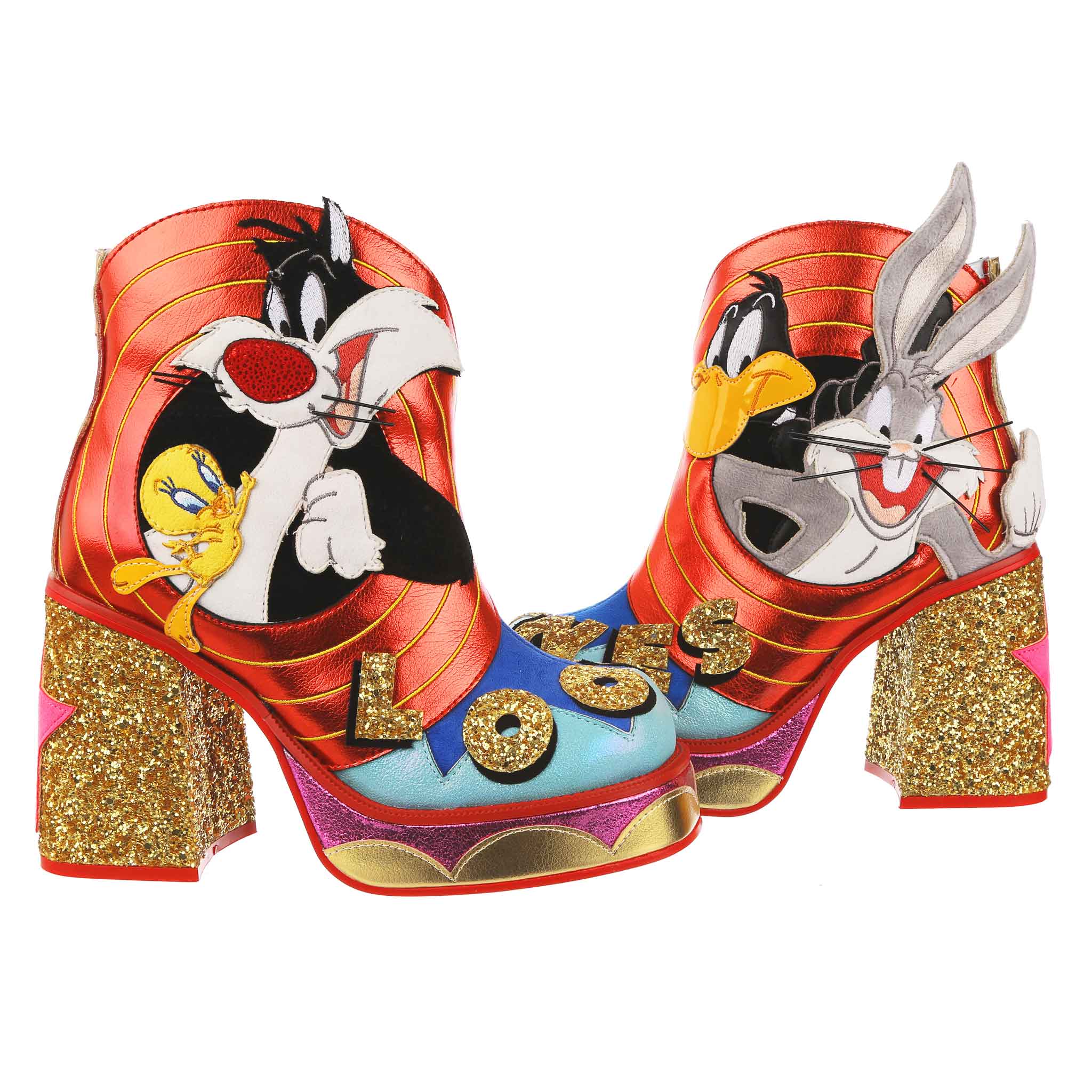 Retro style platform boots with a chunky gold glitter heel, has the red metallic circle from the famous Looney Tunes ending scene, the left foot has Daffy Duck of Bugs Bunny and the right foot has Sylvester the Cat and Tweety Bird. Finished with blue toes and gold glitter letters across the base spelling Looney Tunes.