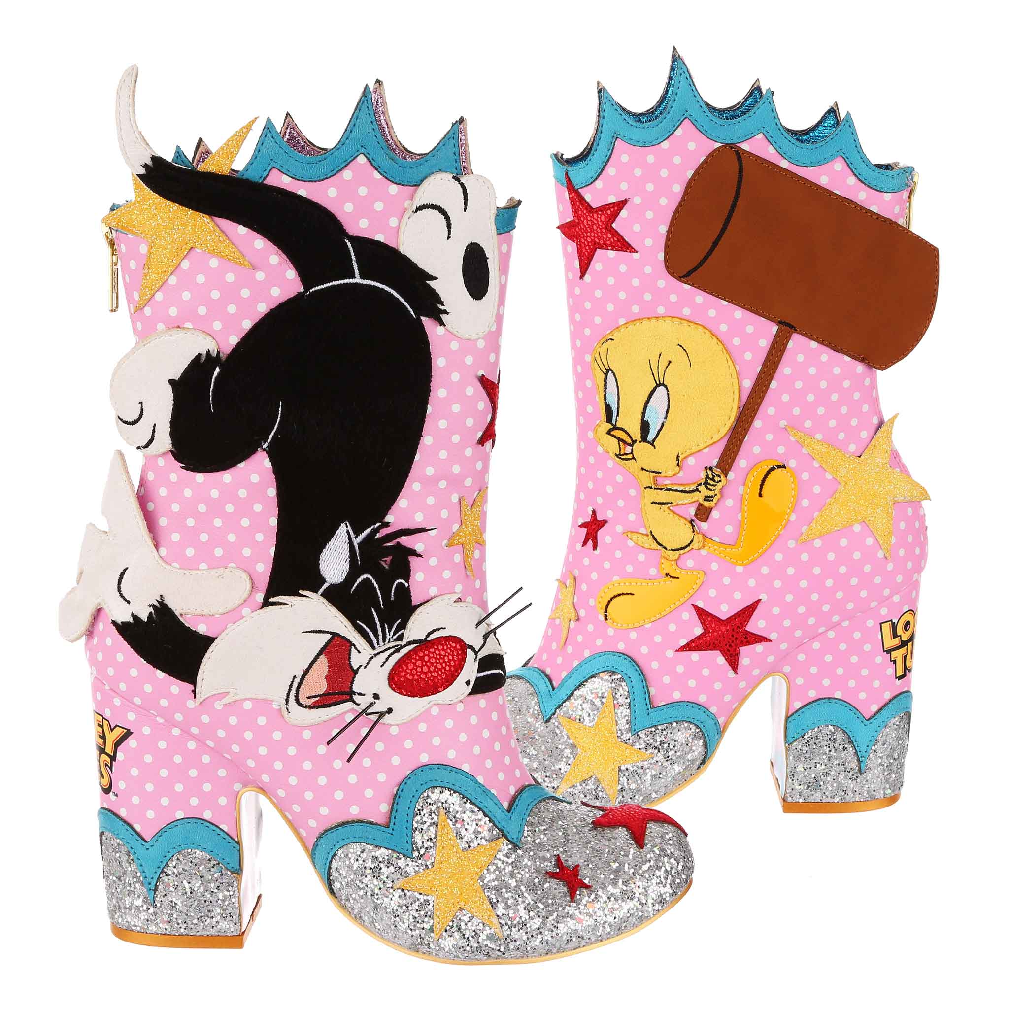 Calf high pink polka dot boots, with silver glitter toes and base of the heels, Tweety Bird is on the left foot with a large mallet, Sylvester the Cat is on the right foot looking like he has just been hit on the head, they are both surrounded by yellow and red stars.