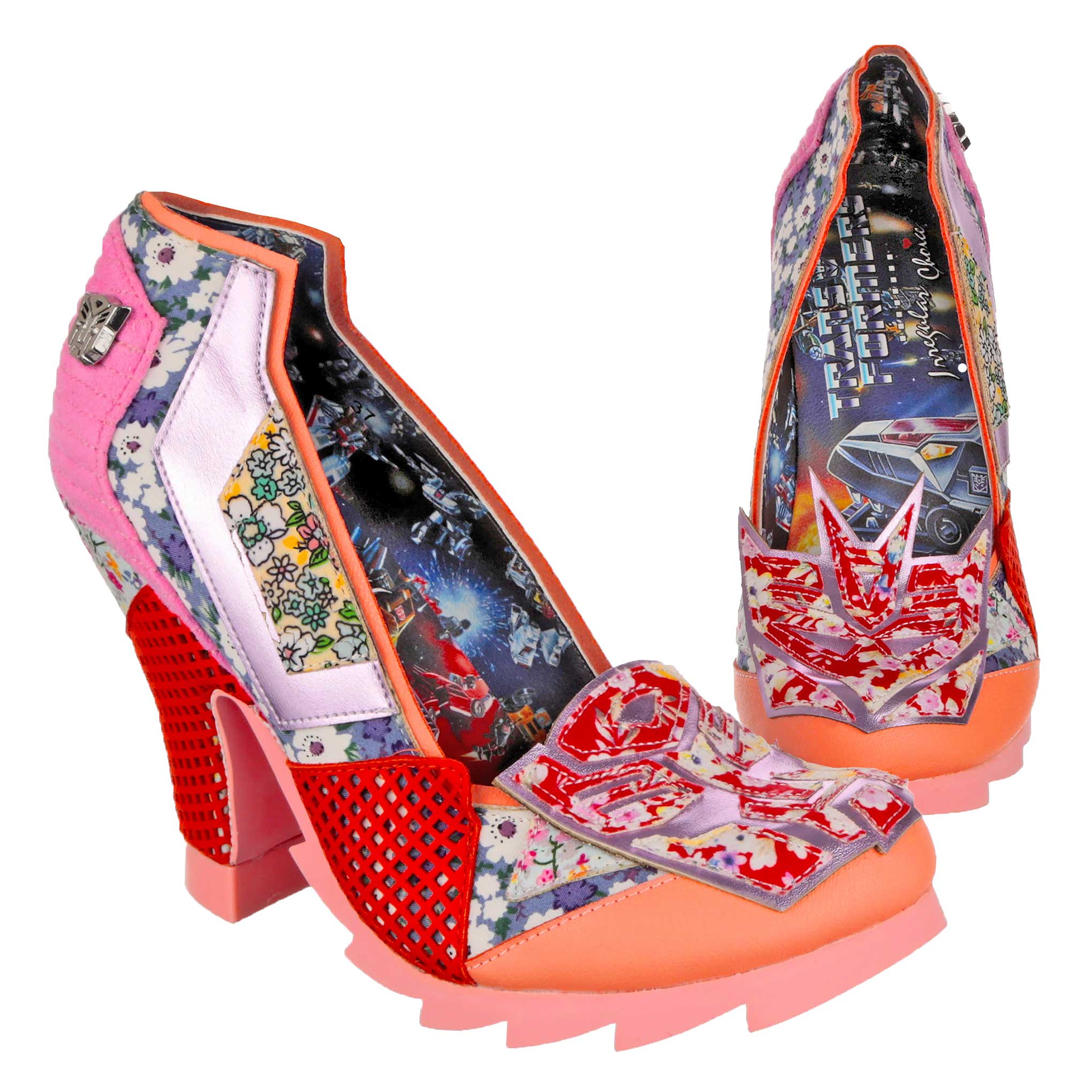 Transformers themed high heel shoes with multicolour vintage floral fabric covering the shoe. Pink, orange and red trims make up this pretty shoe with a pale pink chunky sole and high heel.  Autobot and Decepticon logos are embroidered onto the toe of the shoe. A Transformers logo and Transformers battle scene is depicted on the lining of the shoe.