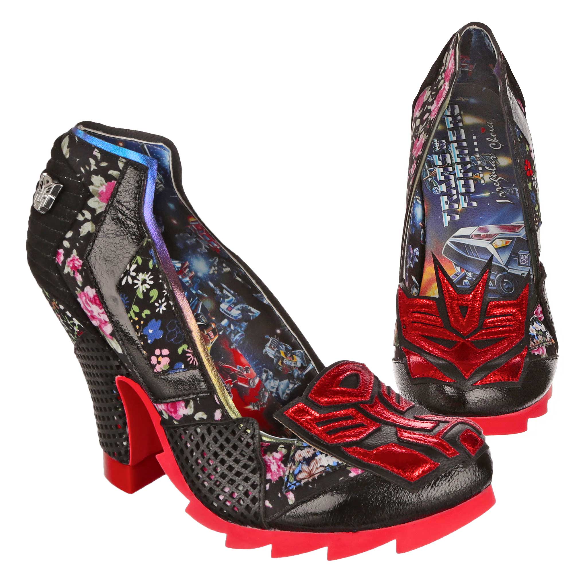 A pair of black Transformers themed chunky tread platform high heels with vintage floral fabric details and metallic red Autobot and Decepticon logos on the toe of the shoe. Red chunky soles contrast with the black shoe whilst a Transformers battle scene is shown in the shoe lining.