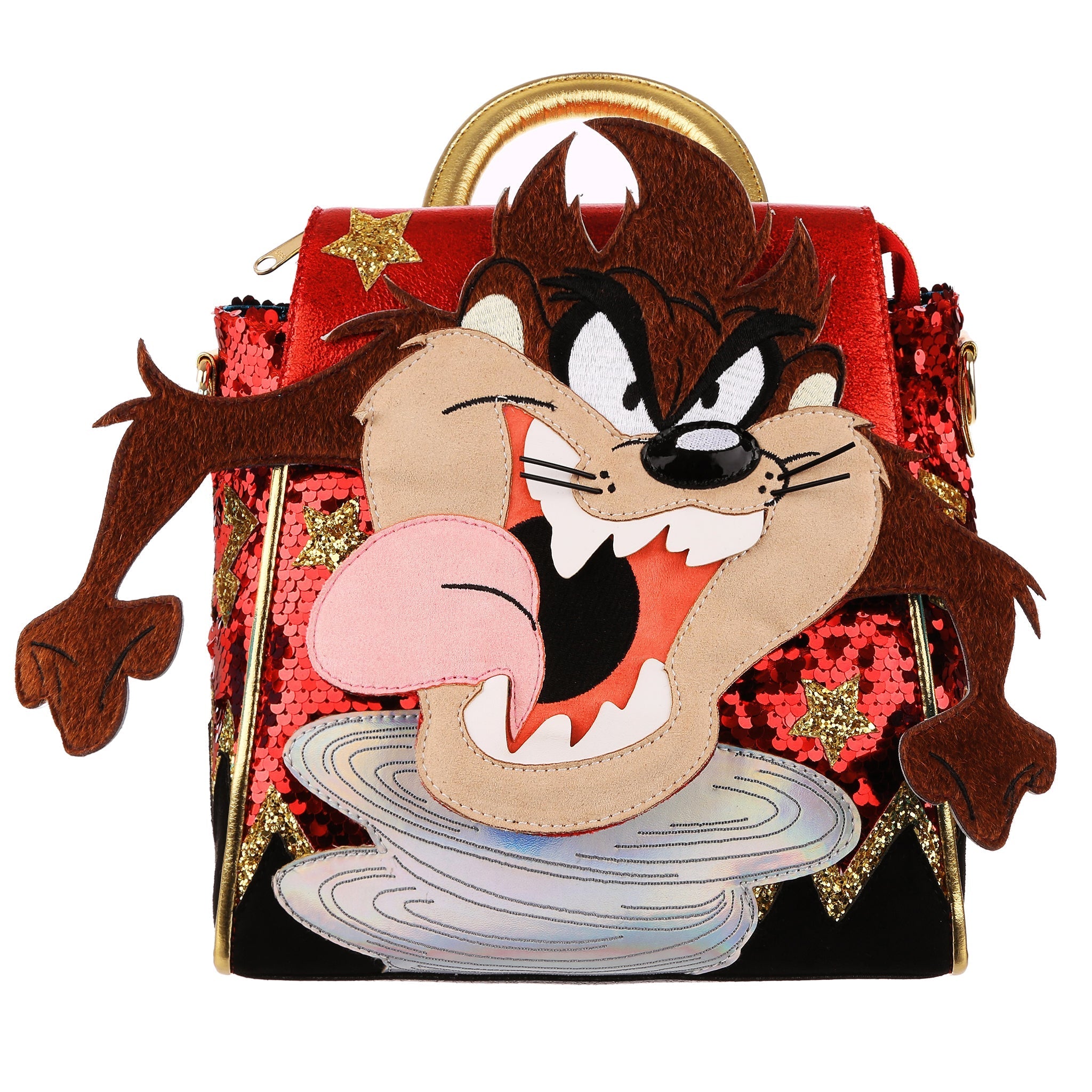 Red sequin backpack with a large applique of Taz of Tasmania in textured fabrics, his arms come off the sides of the bag so he appears more 3D, finished with gold glitter stars and a gold handle.