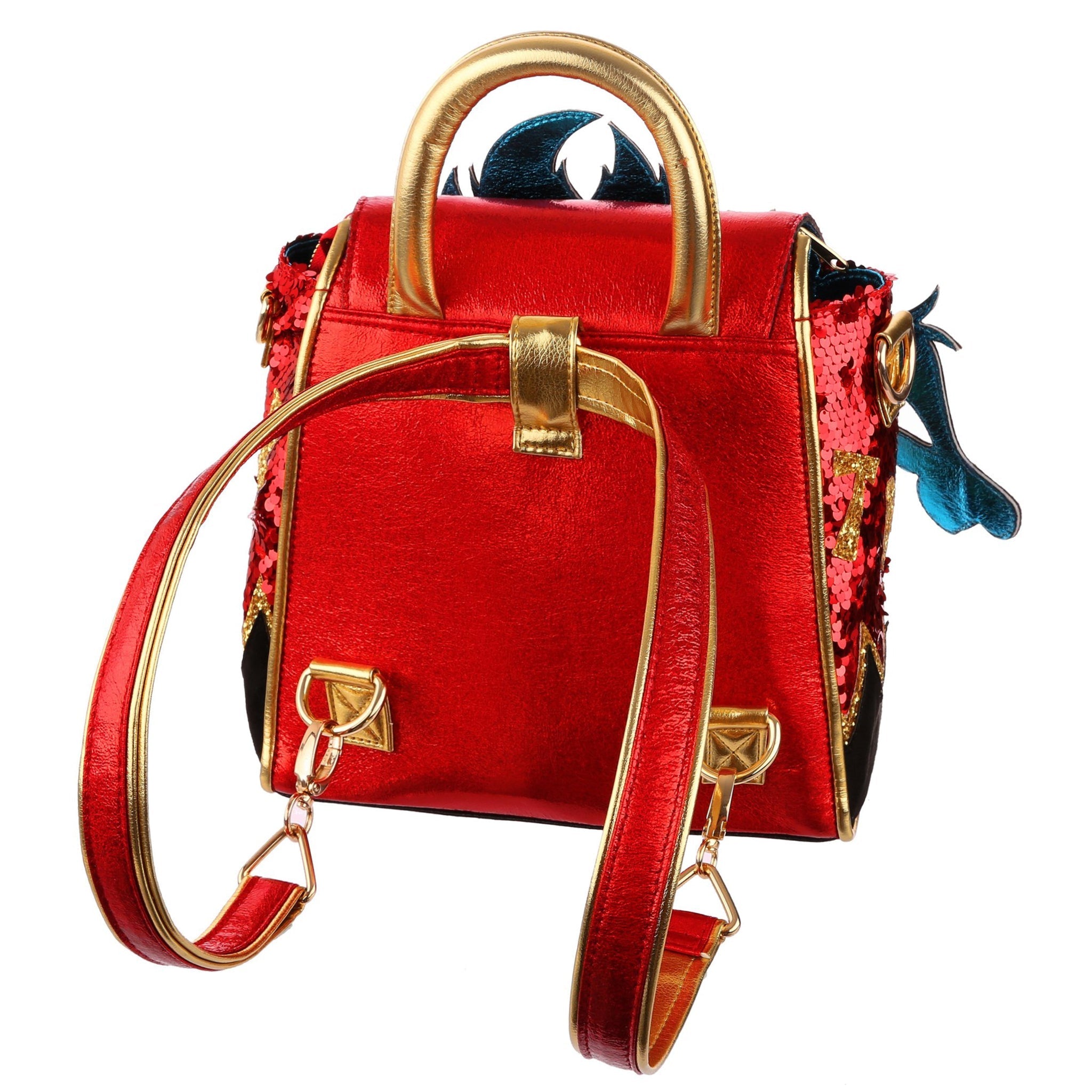 Red metallic backpack with matching red sequin sides, a gold handle at the top and a removable multiway strap in red and gold.