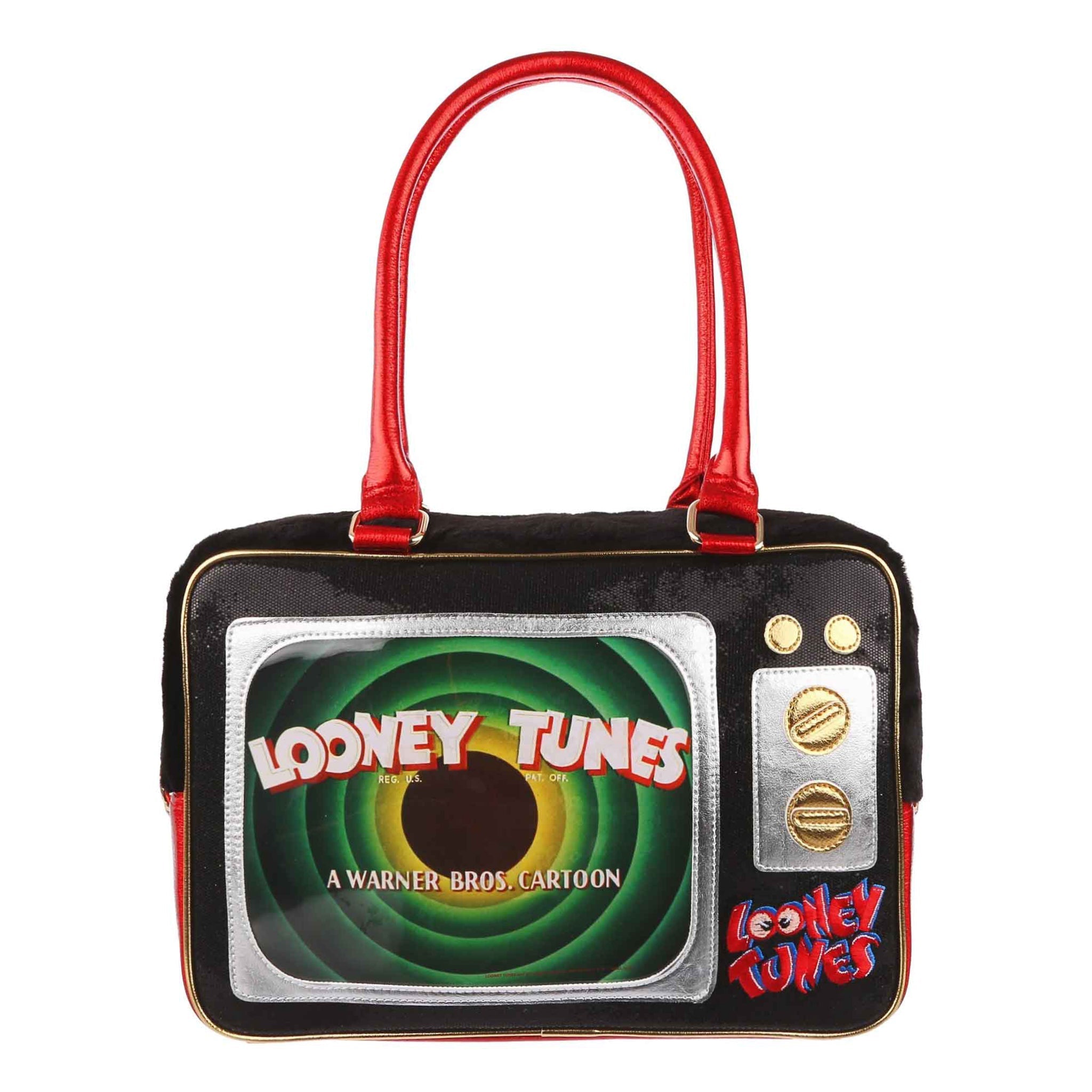 Rectangle zip bag has gold and silver applique to look like a TV, with changesble 'screens' that slide in and out at the front. With red embroidered Looney Tunes logo in the bottom right corner and matching red handles.