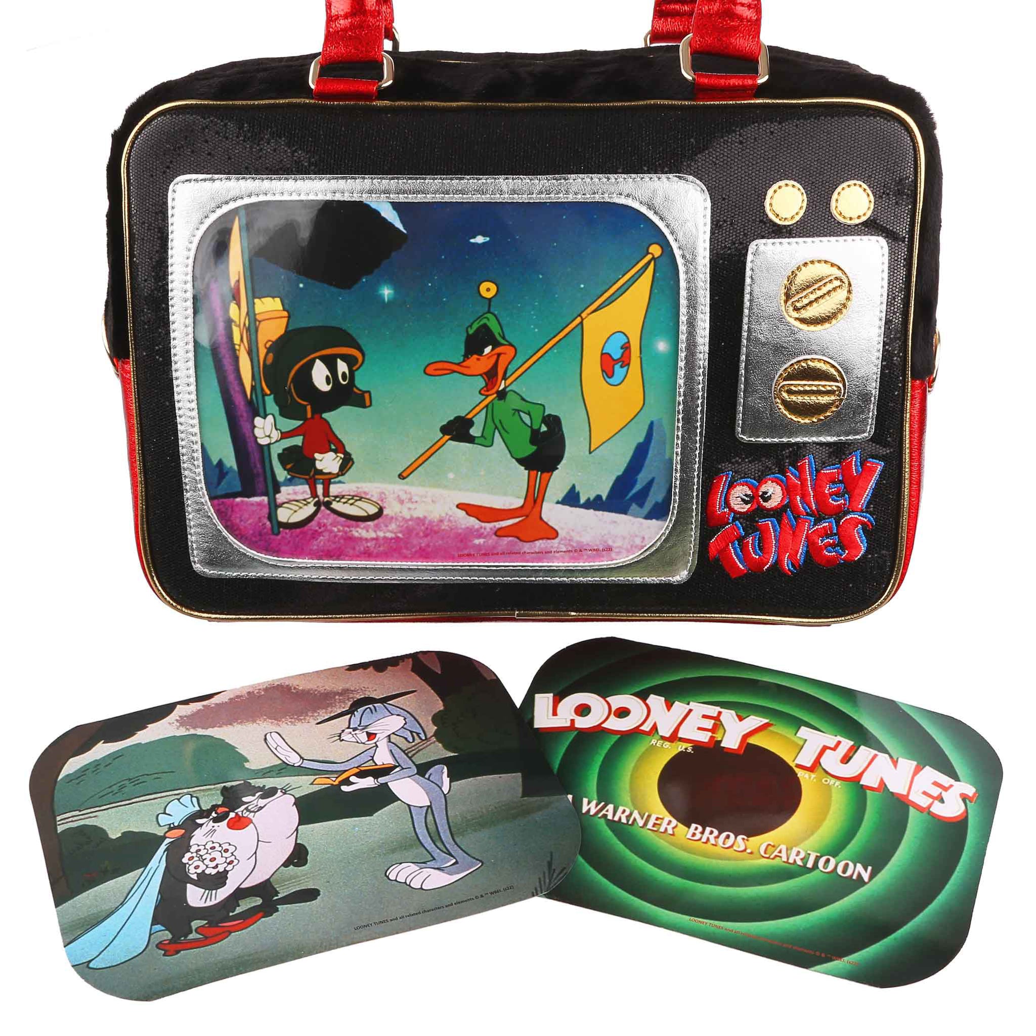 Rectangle zip bag has gold and silver applique to look like a TV, with changesble 'screens' that slide in and out at the front. With red embroidered Looney Tunes logo in the bottom right corner and matching red handles.