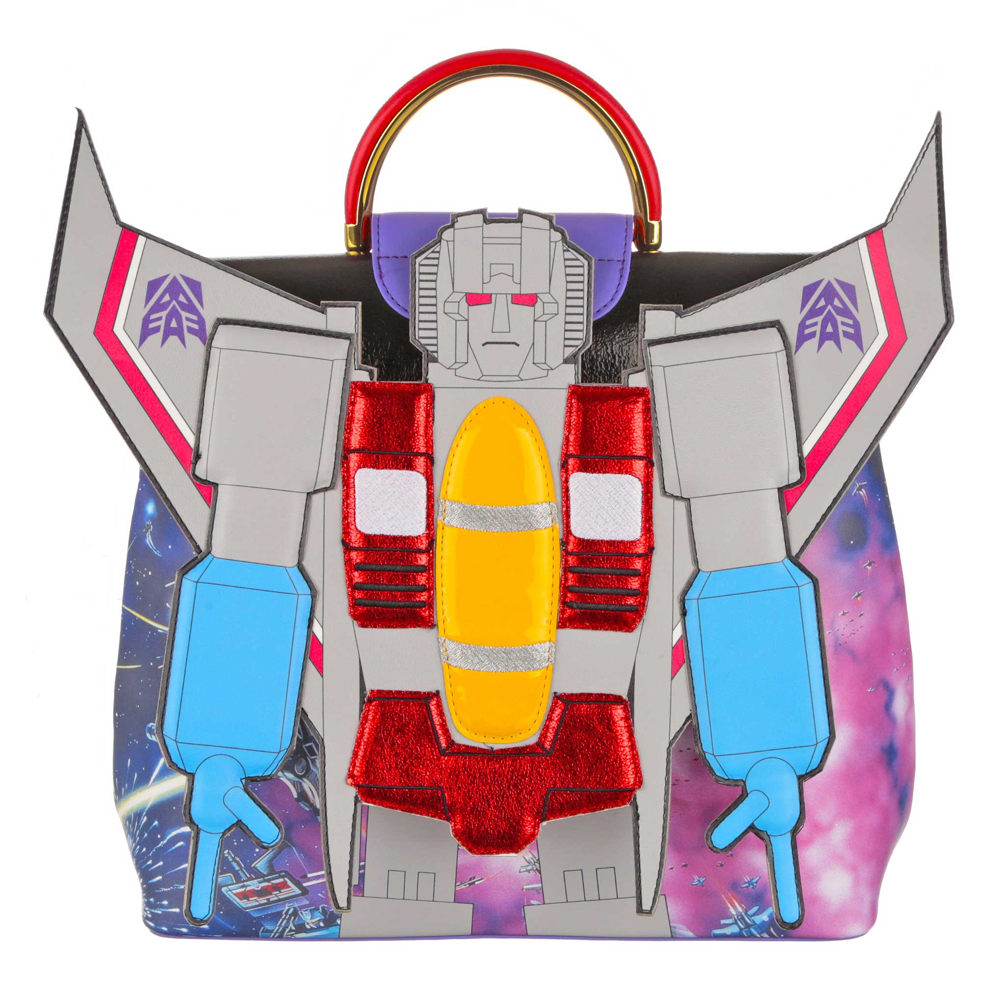 A large Transformers themed handbag sits front on with Starscream sitting over the main body of the large bag. A purple outer space print forms the background of the bag whilst a light grey Starscream is made up of blue detachable arms, metallic red accessories and a large yellow rocket. A purple Decepticon logo sits on both his wings. A red and gold handle sits on the top of the large handbag to complete the look. 