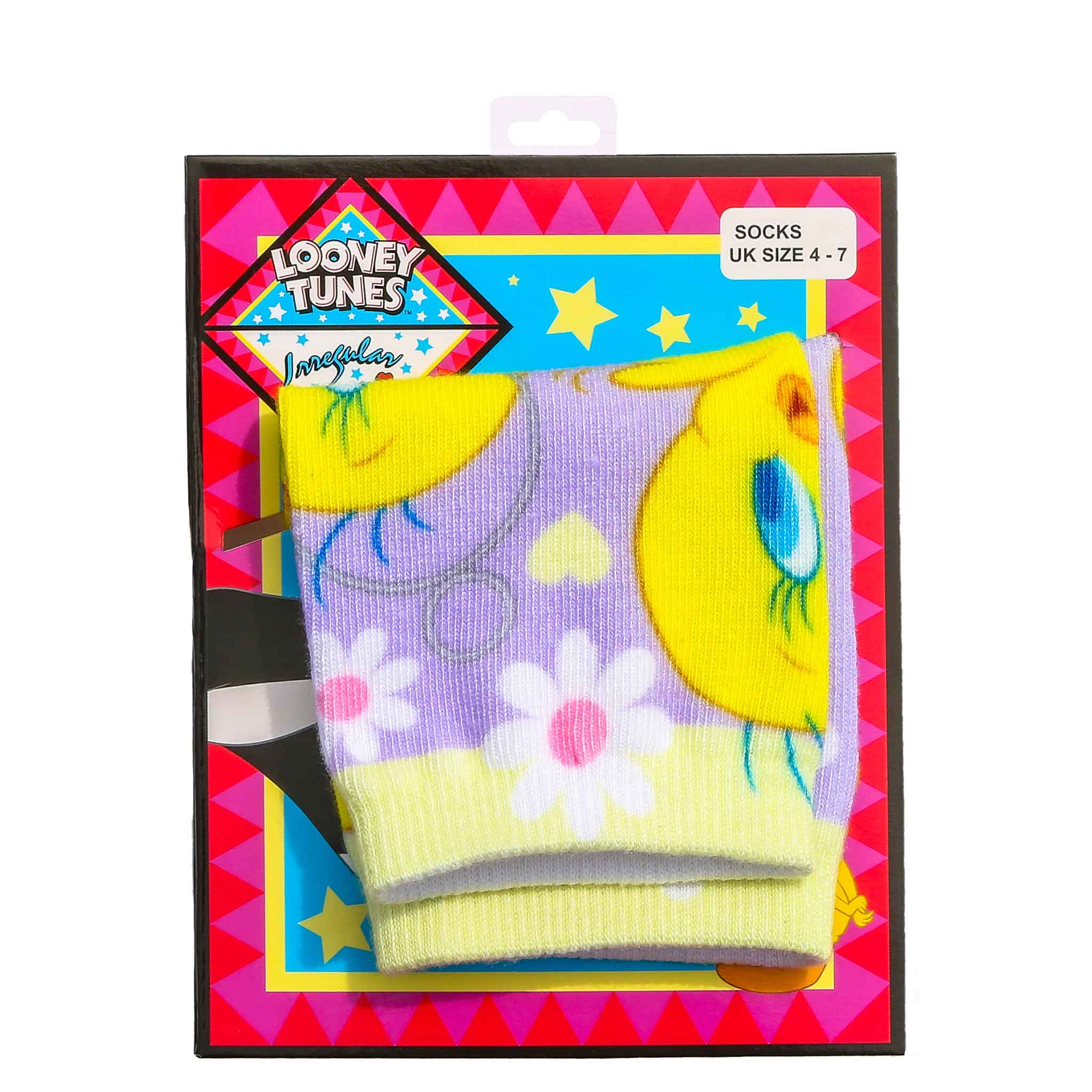 Lilac socks are printed with white and pink flowers, light yellow hearts and Tweety Bird, finished with a light yellow ankle band are pictured in their packaging.